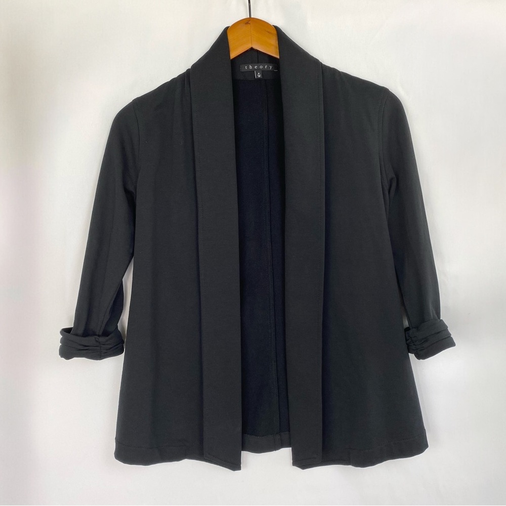THEORY Cotton Draped Open‎ Front Cardigan Black Minimal Casual Business